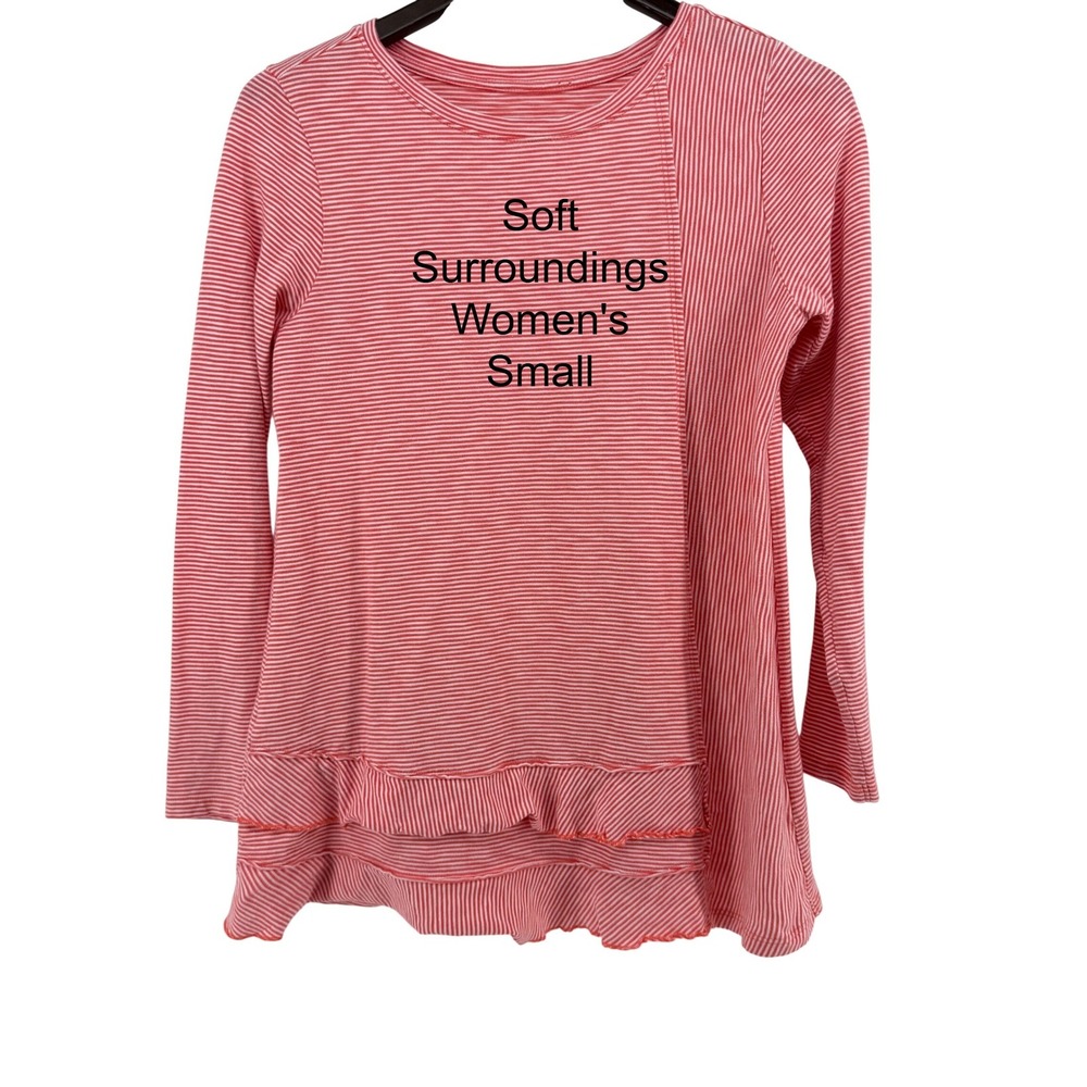 Soft Surroundings Womens Small Orange White‎ Striped Ruffle Hem Long Sleeve Top